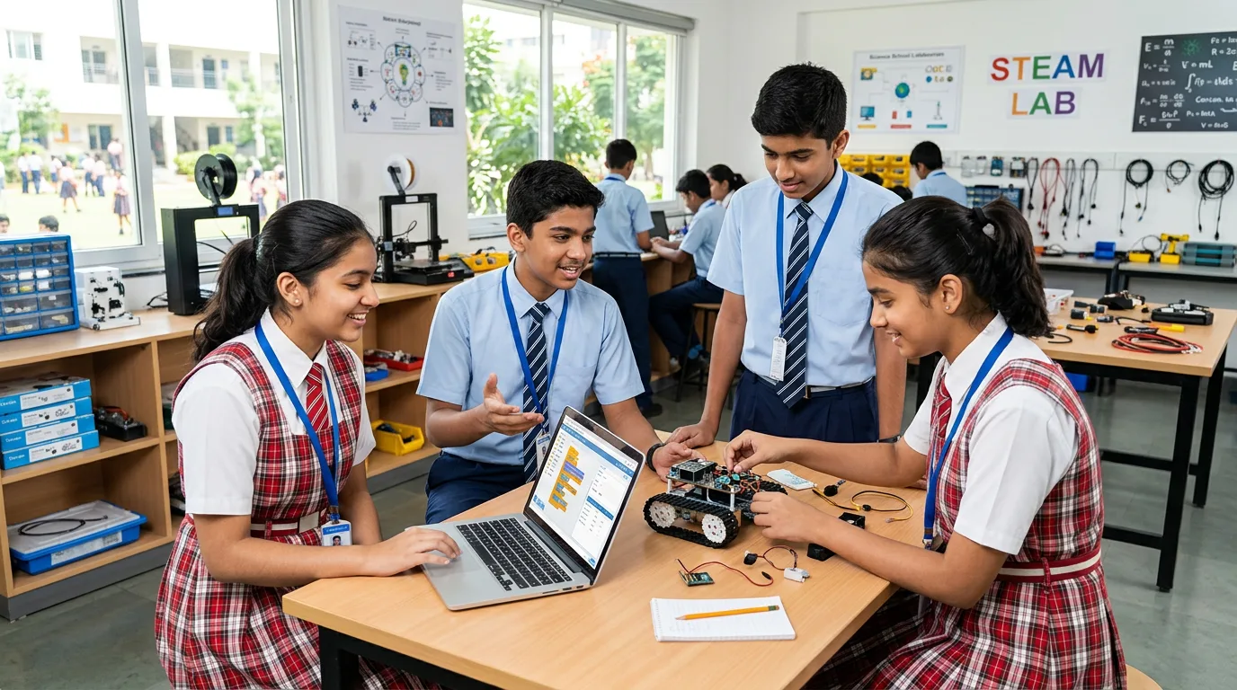 Students collaborating on robotics and coding in the STEAM lab at Pragati Academy